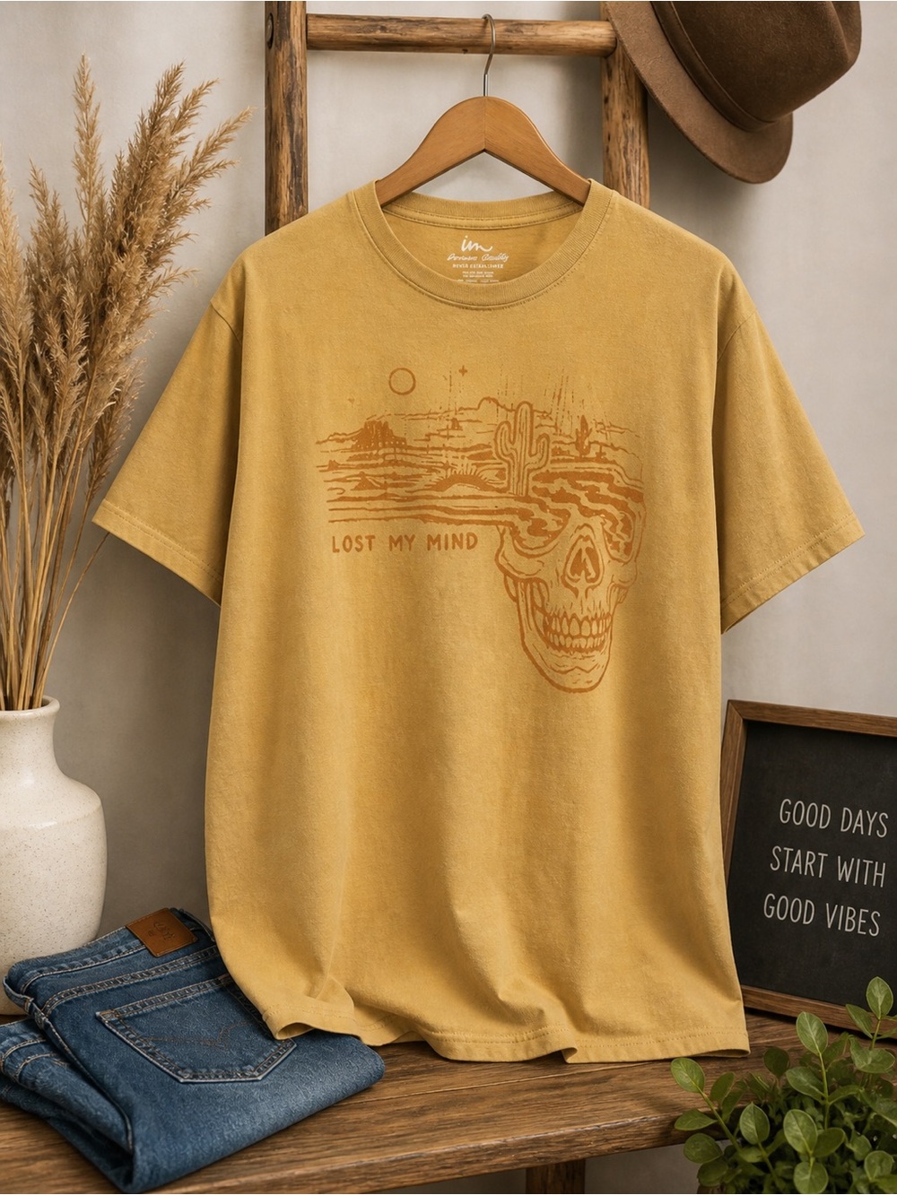 Imperial Motion Lost My Mind Graphic Tee Mustard Desert Skull T-Shirt Size Large